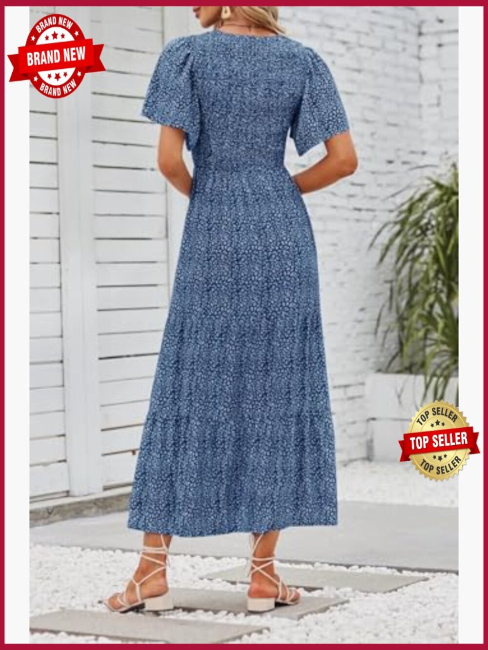 Boho Floral Maxi Dress Flutter Sleeve Smocked Tiered Flowy - Picture 5 of 7